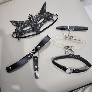 Masquerade Mask, leg garter, 3 chocker